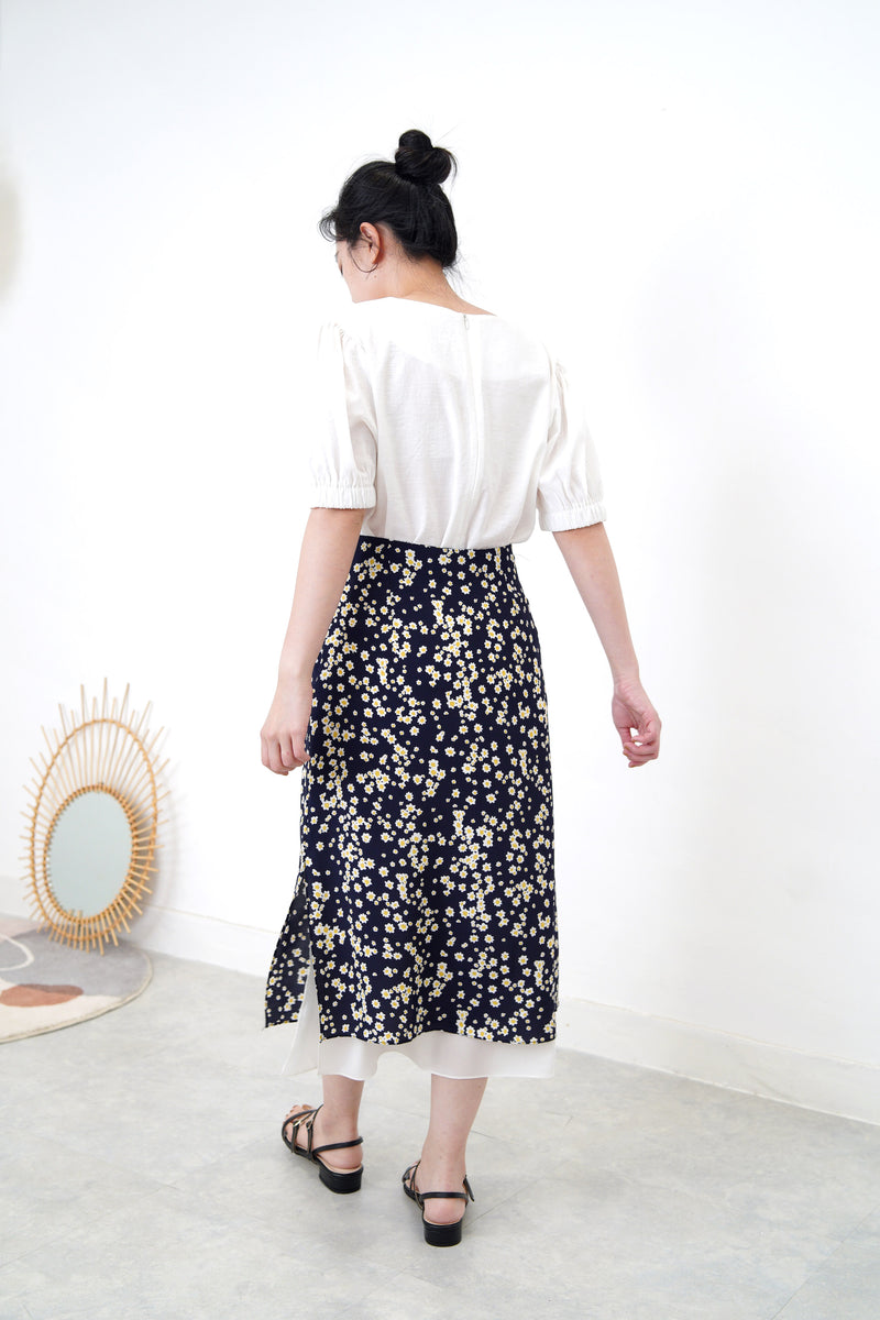 Navy floral print skirt in layering hem