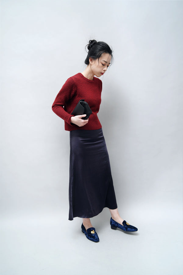 Navy satin midi skirt