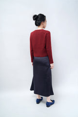 Navy satin midi skirt