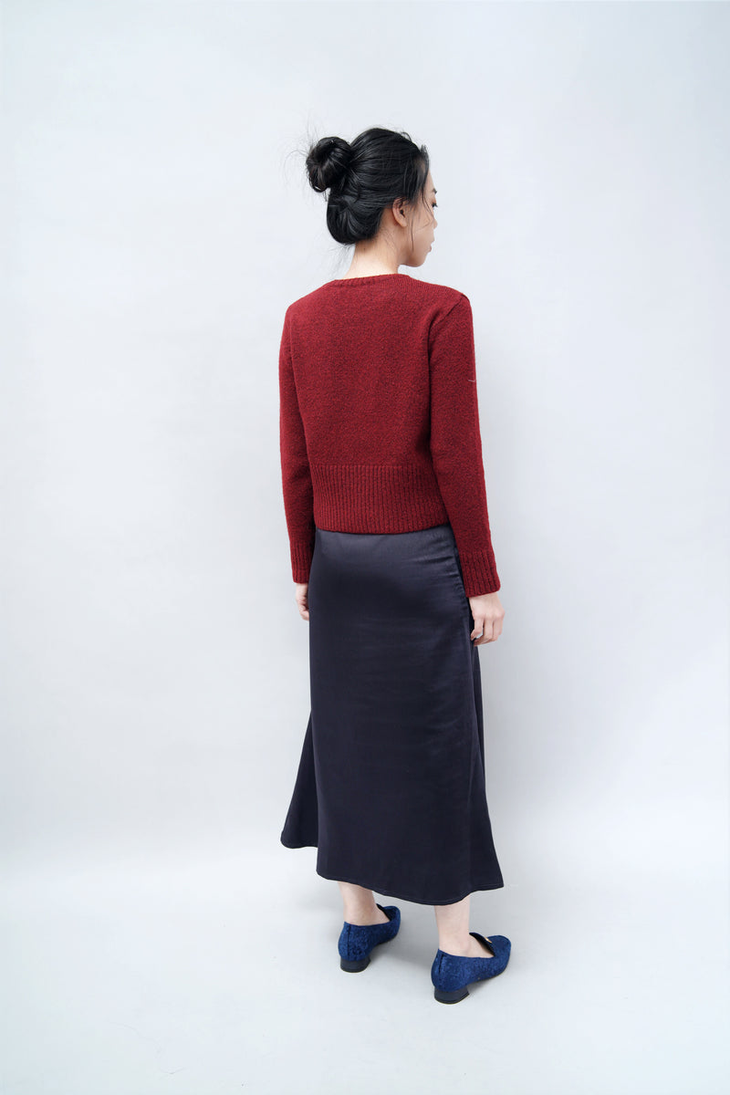 Navy satin midi skirt