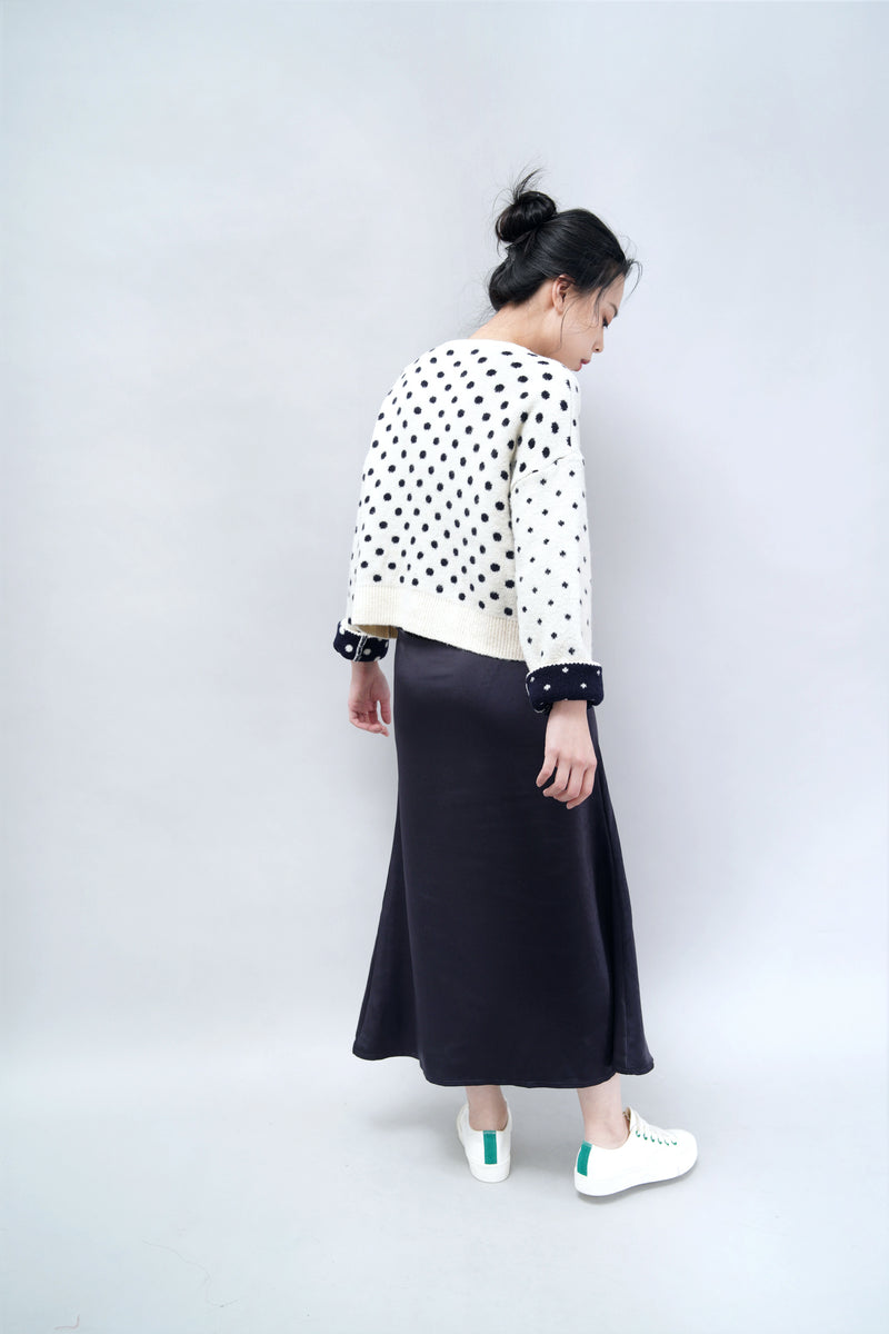 Navy satin midi skirt