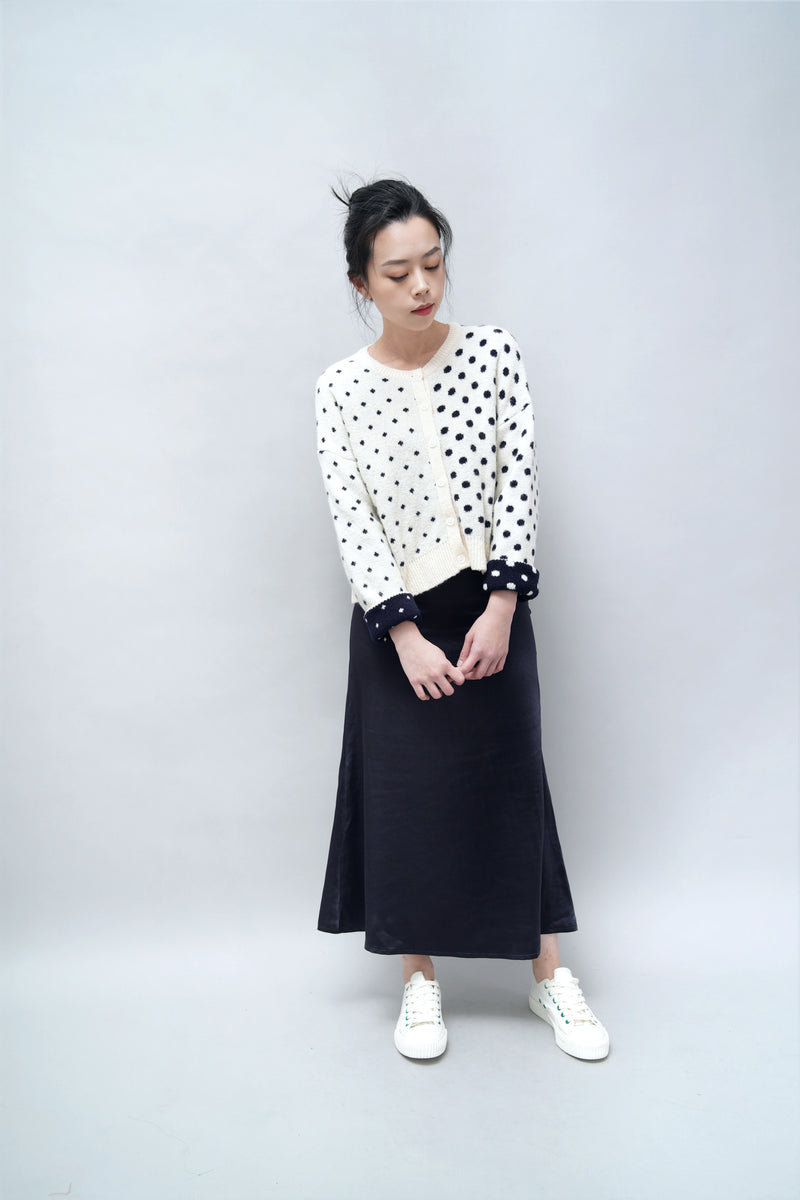 Navy satin midi skirt
