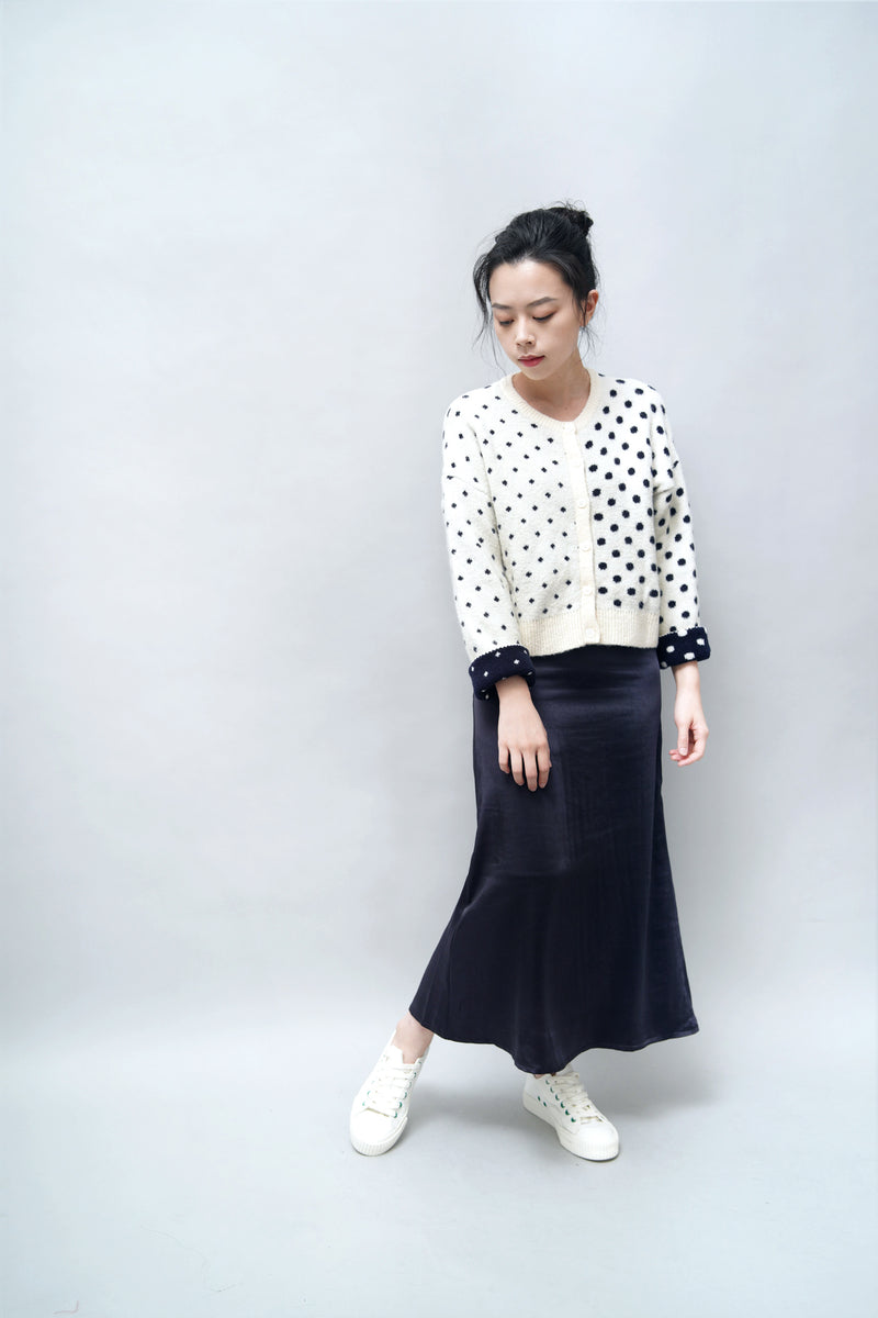 Navy satin midi skirt