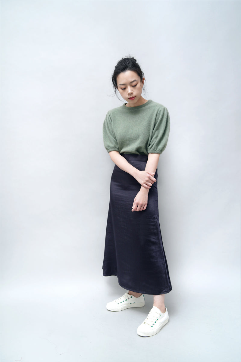 Navy satin midi skirt