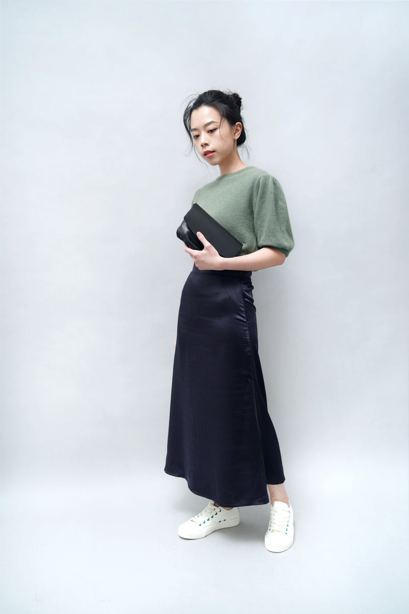 Navy satin midi skirt