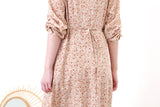 Beige v neck floral dress w/ waist string