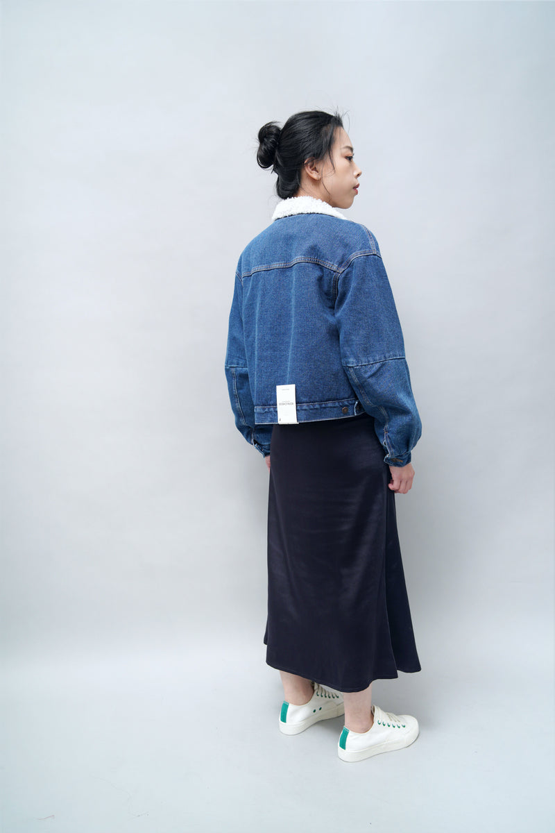 Navy satin midi skirt