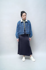 Navy satin midi skirt