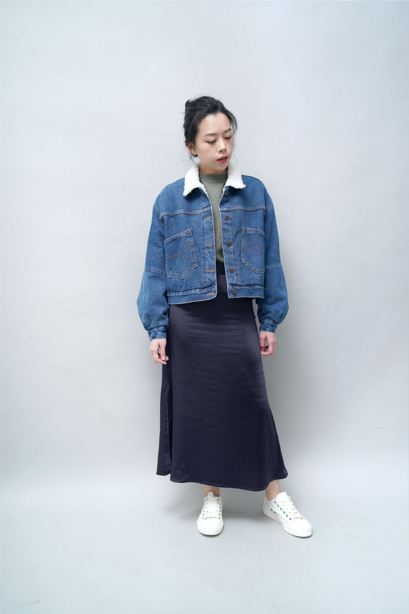 Navy satin midi skirt