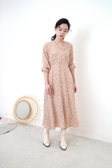 Beige v neck floral dress w/ waist string