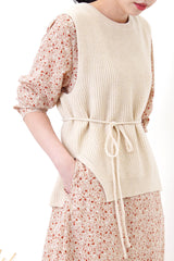 Beige v neck floral dress w/ waist string