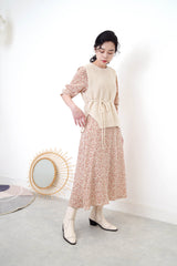 Beige v neck floral dress w/ waist string