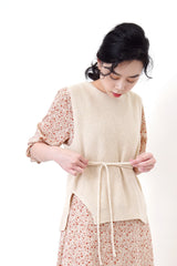 Beige v neck floral dress w/ waist string