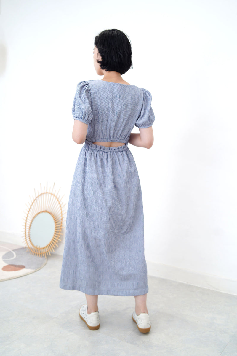 Blue checked dress in open back