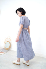Blue checked dress in open back