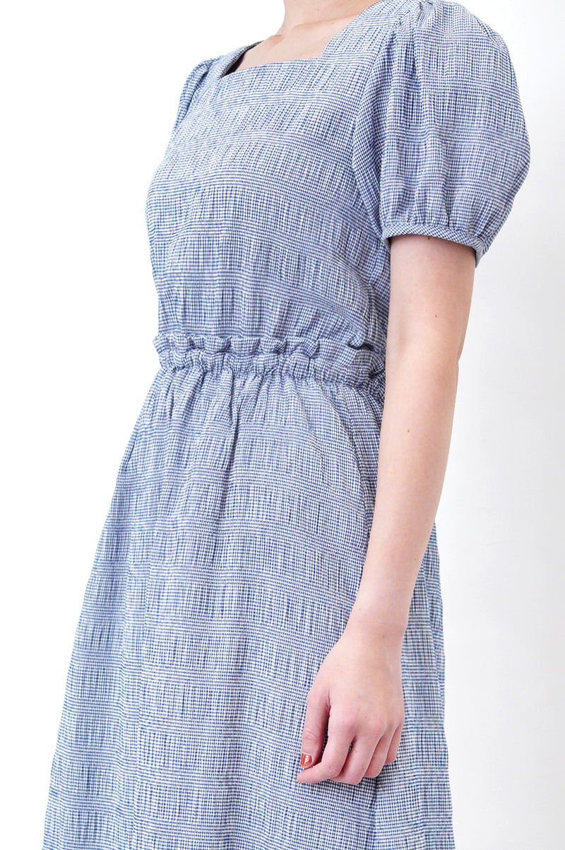 Blue checked dress in open back