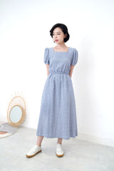 Blue checked dress in open back
