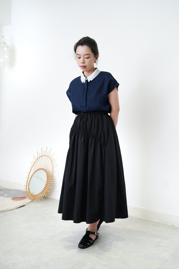 Navy linen vest w/ chiffon layer collar