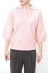 Pink knit polo top in 3D sleeves