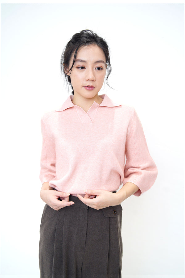Pink knit polo top in 3D sleeves