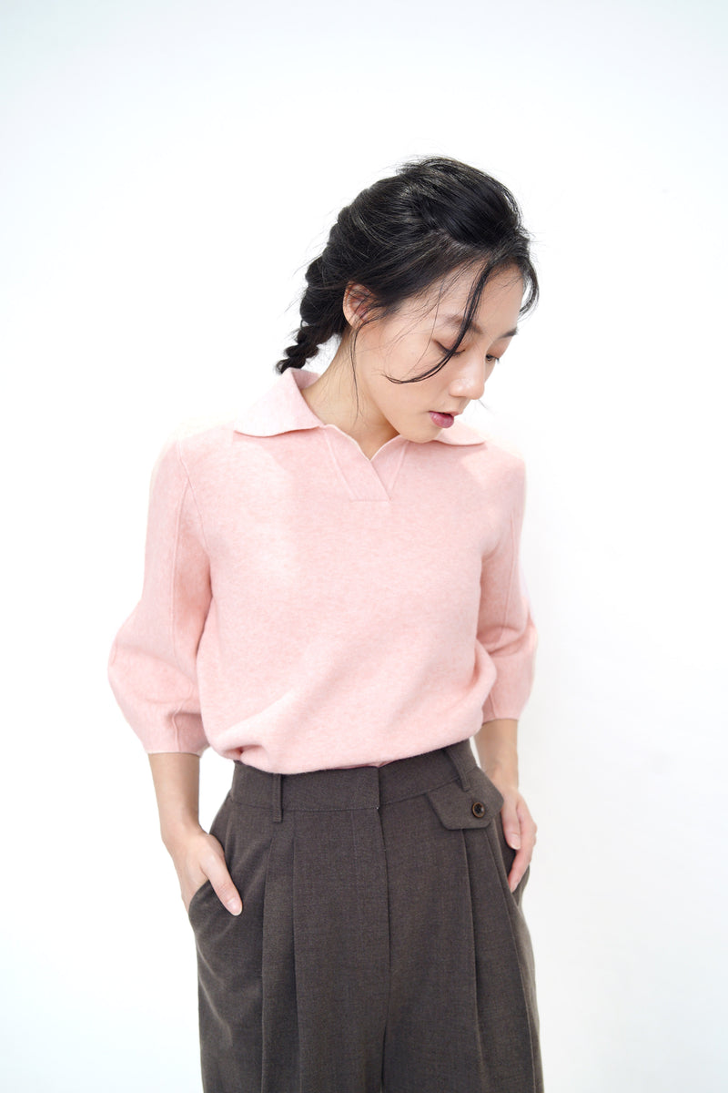 Pink knit polo top in 3D sleeves