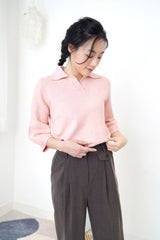 Pink knit polo top in 3D sleeves
