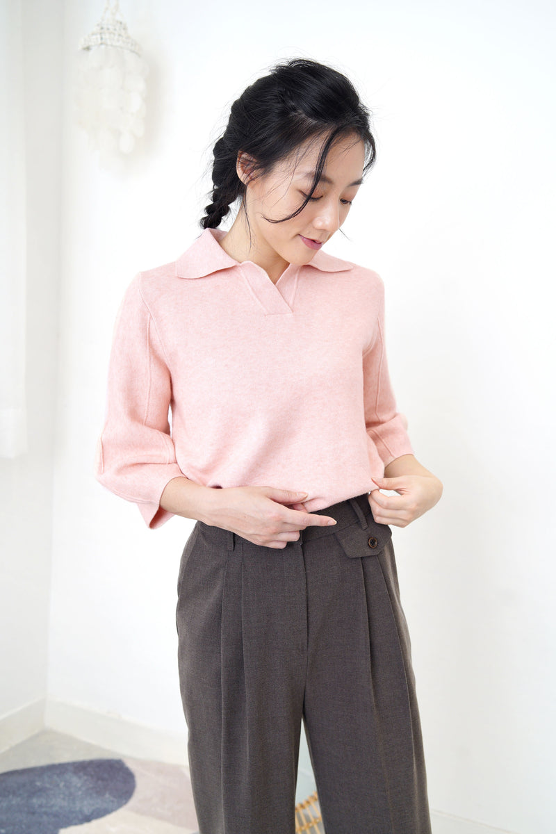 Pink knit polo top in 3D sleeves