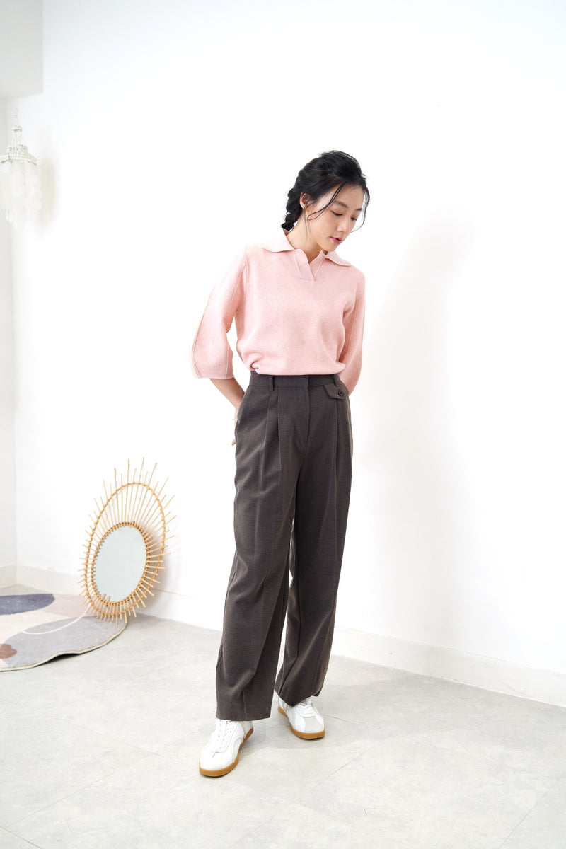Pink knit polo top in 3D sleeves