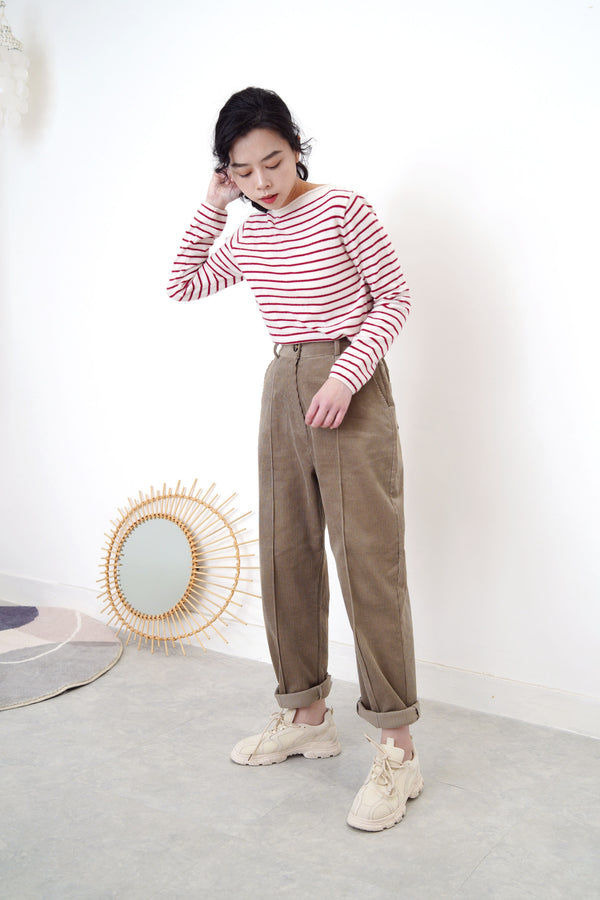 Wool red stripes top in boat neck collar