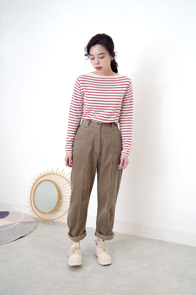 Wool red stripes top in boat neck collar