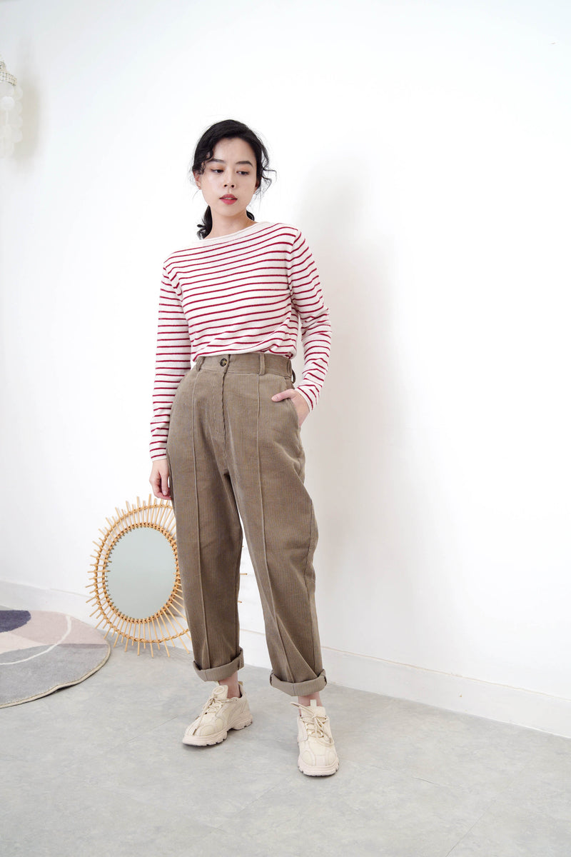 Wool red stripes top in boat neck collar