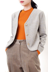 Beige checked v neck blazer in crop cut