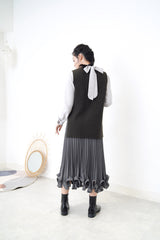 Grey shirt blouse w/ stand collar ribbon
