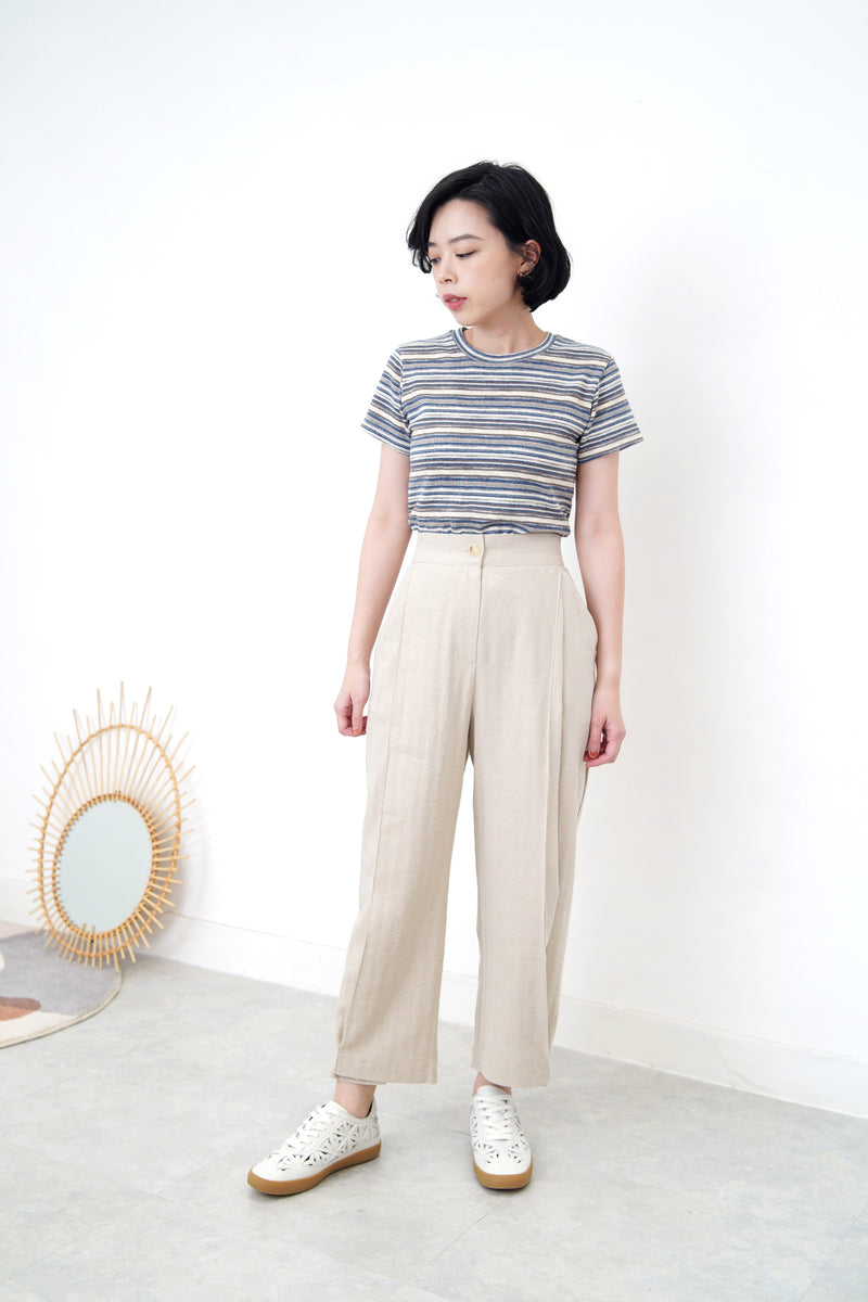 Blue tone stripes linen crop top