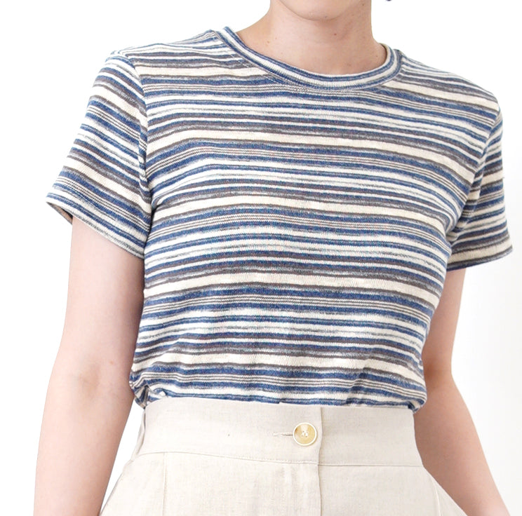 Blue tone stripes linen crop top