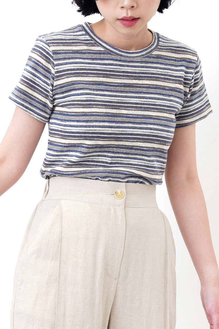 Blue tone stripes linen crop top
