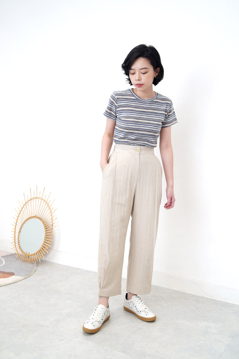 Blue tone stripes linen crop top