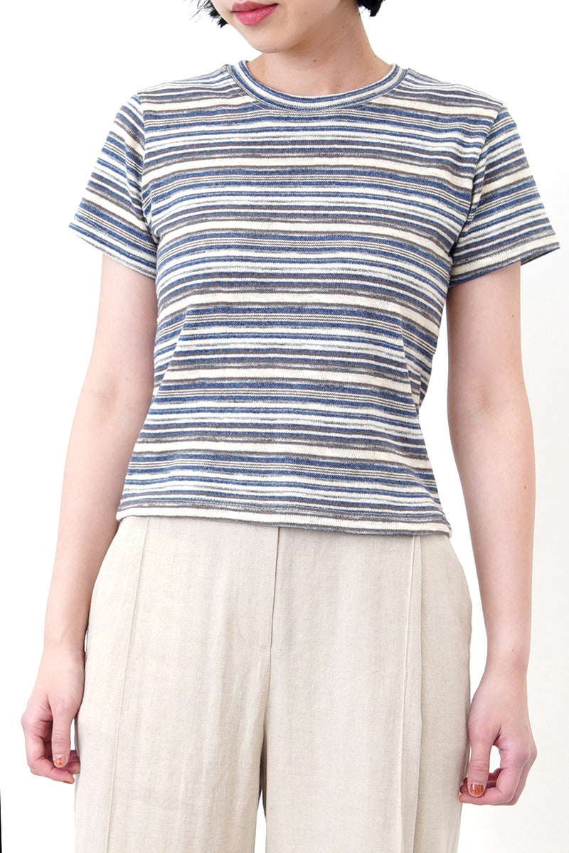 Blue tone stripes linen crop top