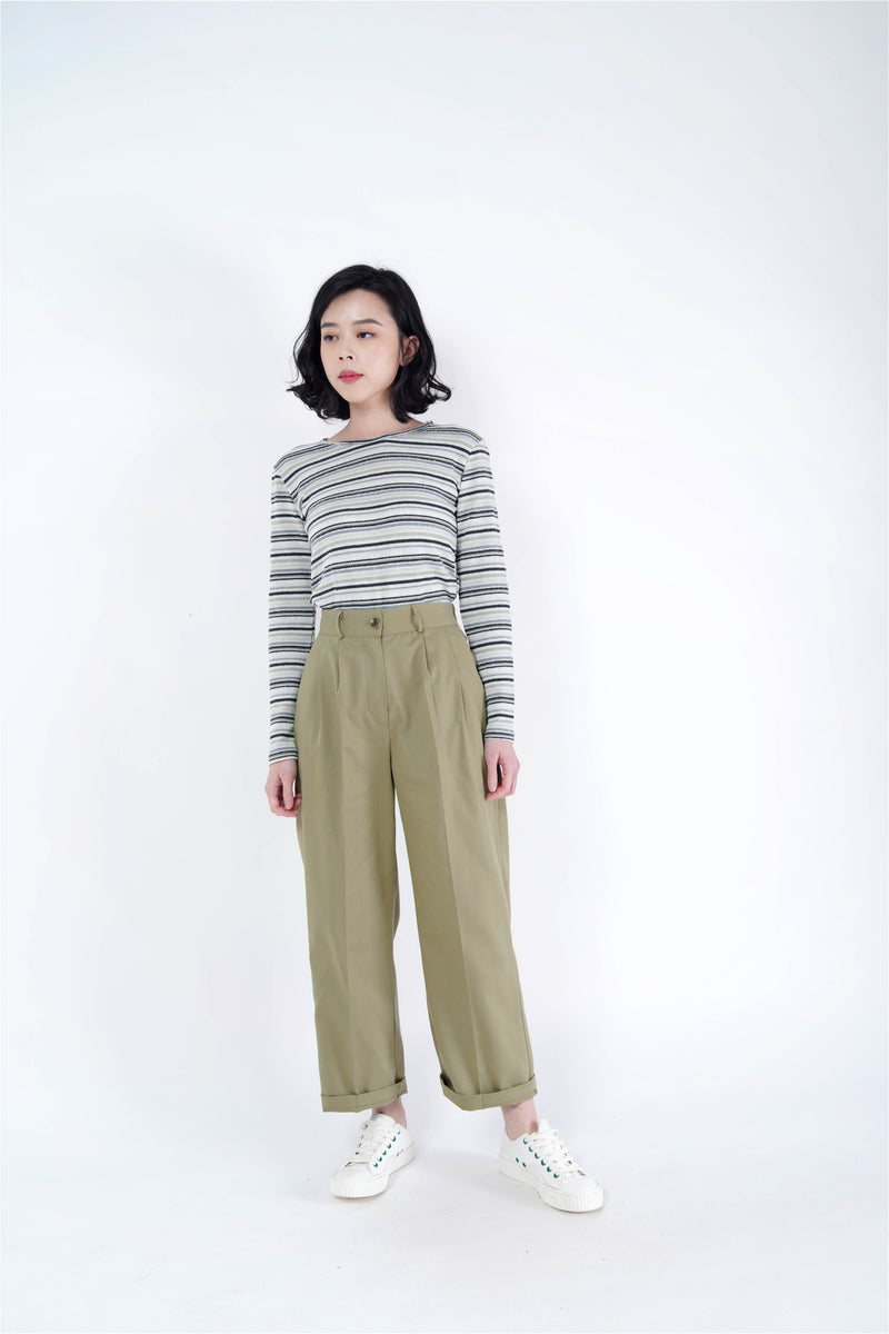 Khaki pleats trousers in elastic waist
