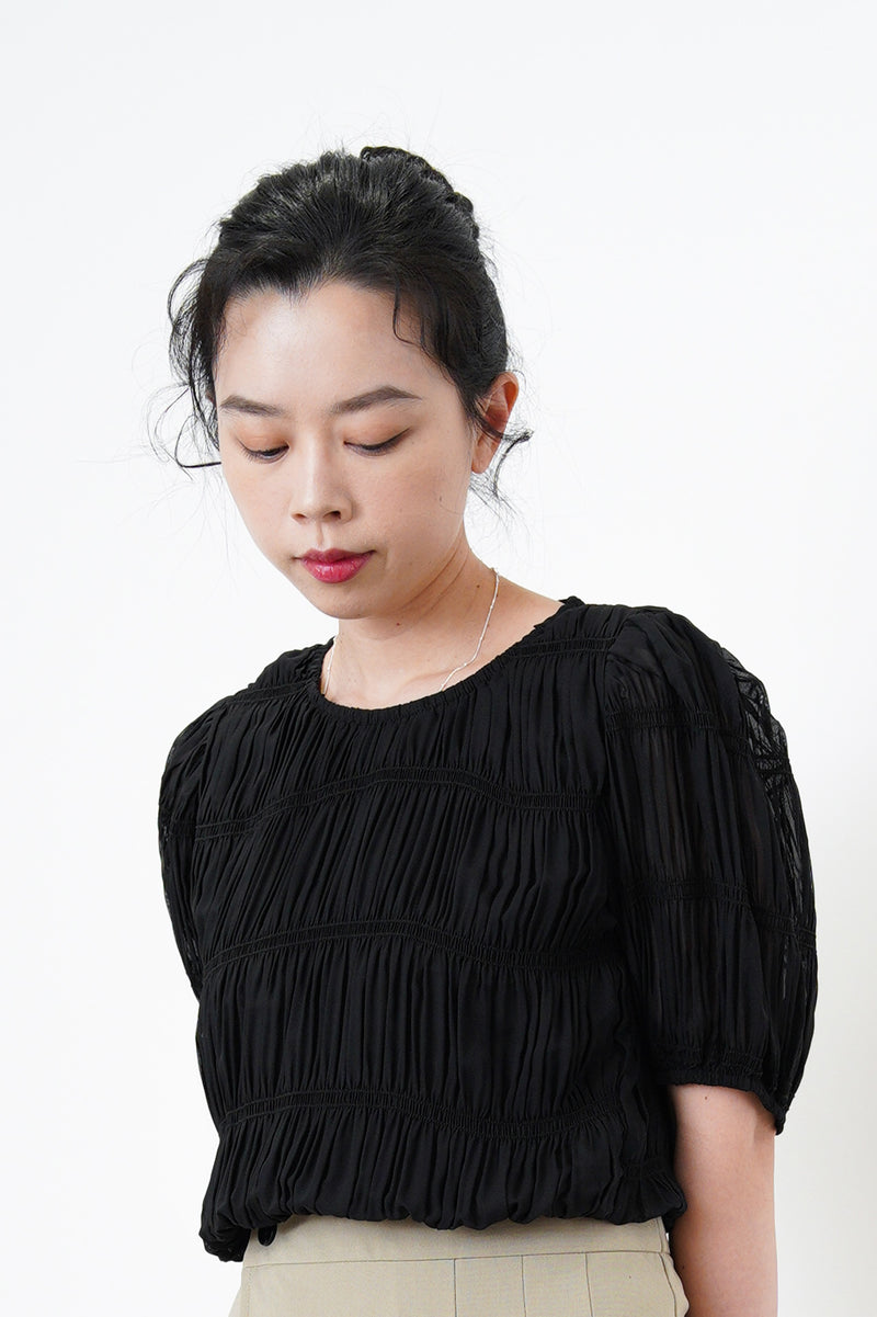 Black sheer texture blouse in elastic waist