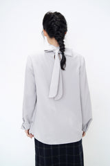 Grey shirt blouse w/ stand collar ribbon