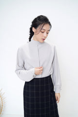 Grey shirt blouse w/ stand collar ribbon