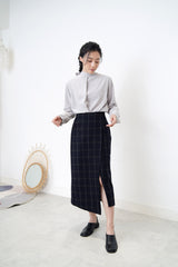 Grey shirt blouse w/ stand collar ribbon