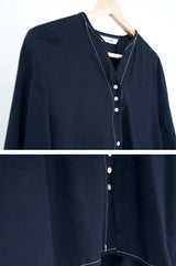 Navy v neck satin blouse in outlined stitch