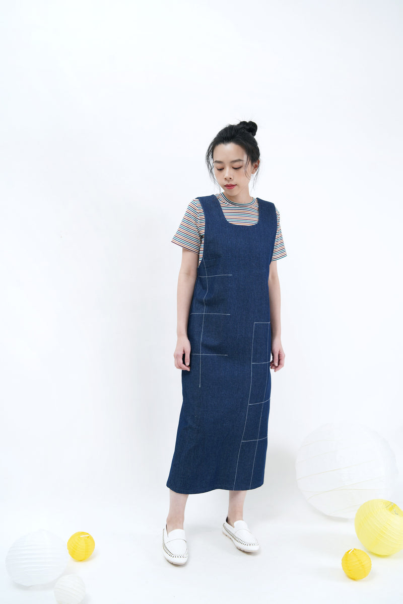 Denim dress in contrast stitch pattern