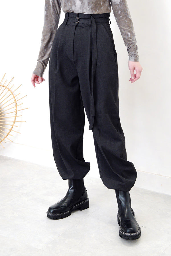 Charcoal grey trousers in double waist straps
