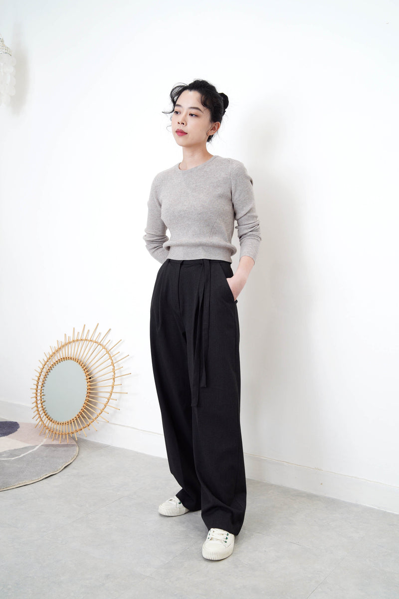 Charcoal grey trousers in double waist straps