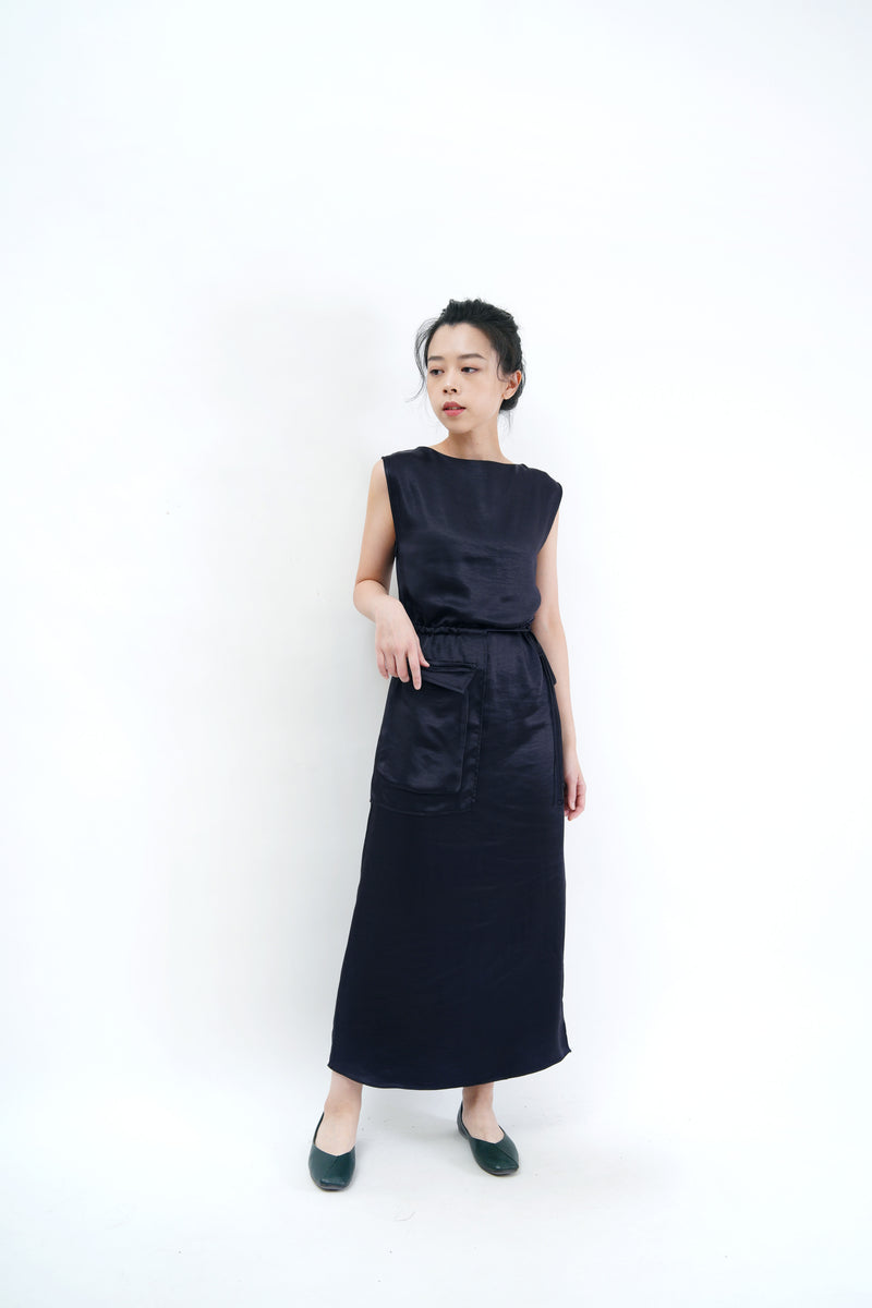 Navy satin maxi dress w/ attached pocket