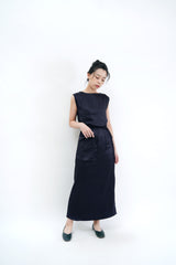 Navy satin maxi dress w/ attached pocket
