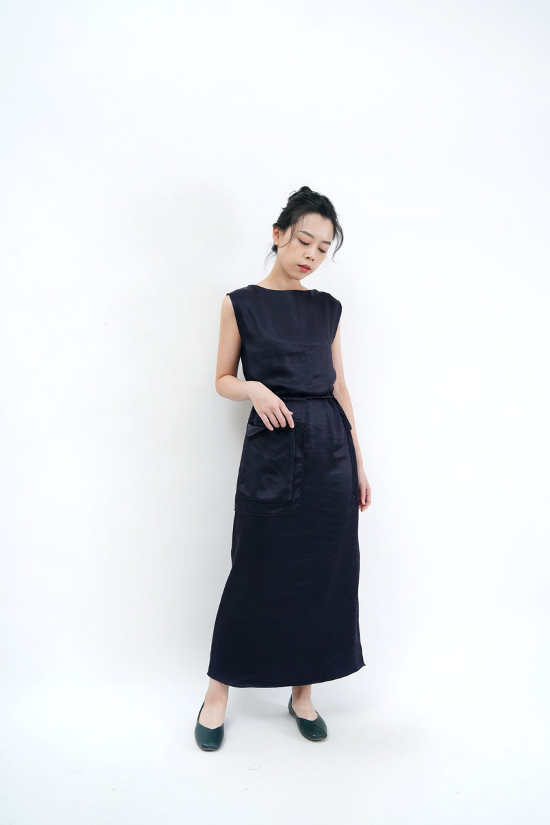 Navy satin maxi dress w/ attached pocket
